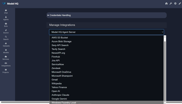 Integrations menu